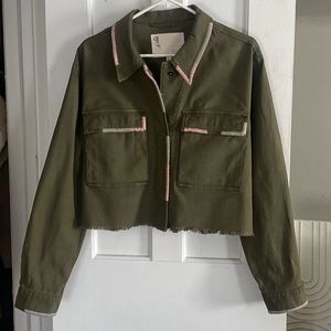 Anthropologie Moss Green Cropped Jacket With Pink & Sage Embroidered Detailing